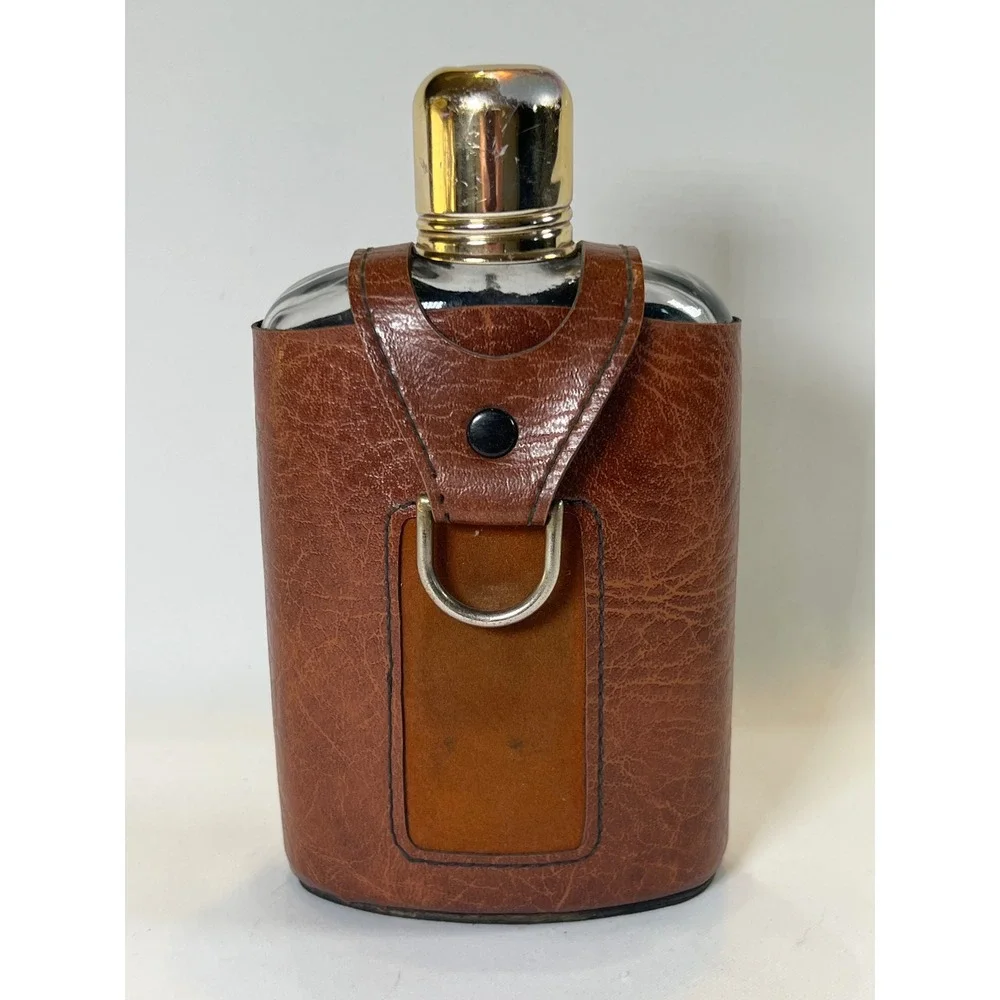 Vintage Glass Hip Flask with Brown Faux Leather Case Gold Cap Travel Barware
